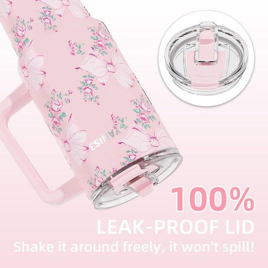 39 oz Stainless Steel Car Cup, Mug with Straw, Large Capacity Insulated Tumbler with Handle, Double-Wall Vacuum Thermal Cupwith Leak-Proof Lid, Perfect Use for Camping, Car, Office (Pink)