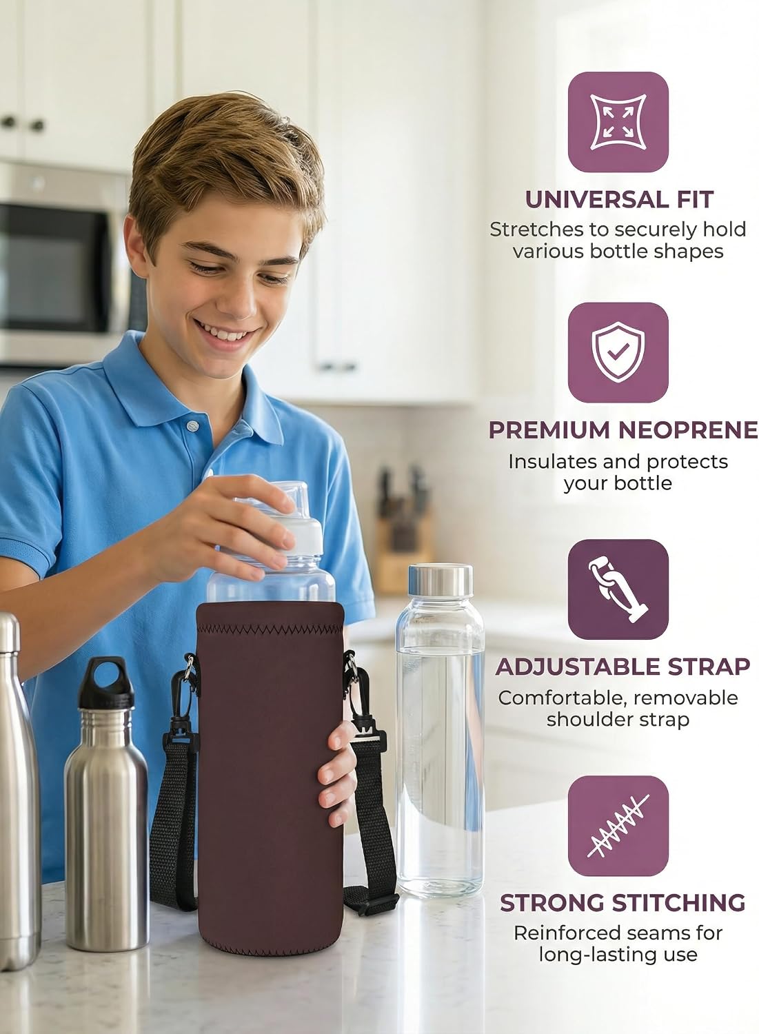 Water Bottle Sling Bag Carrier Crossbody Sleeve,Insulated Neoprene Bottle Case Holder Pouch Cover 500ML/17oz with Shoulder Strap for Walking Women Men