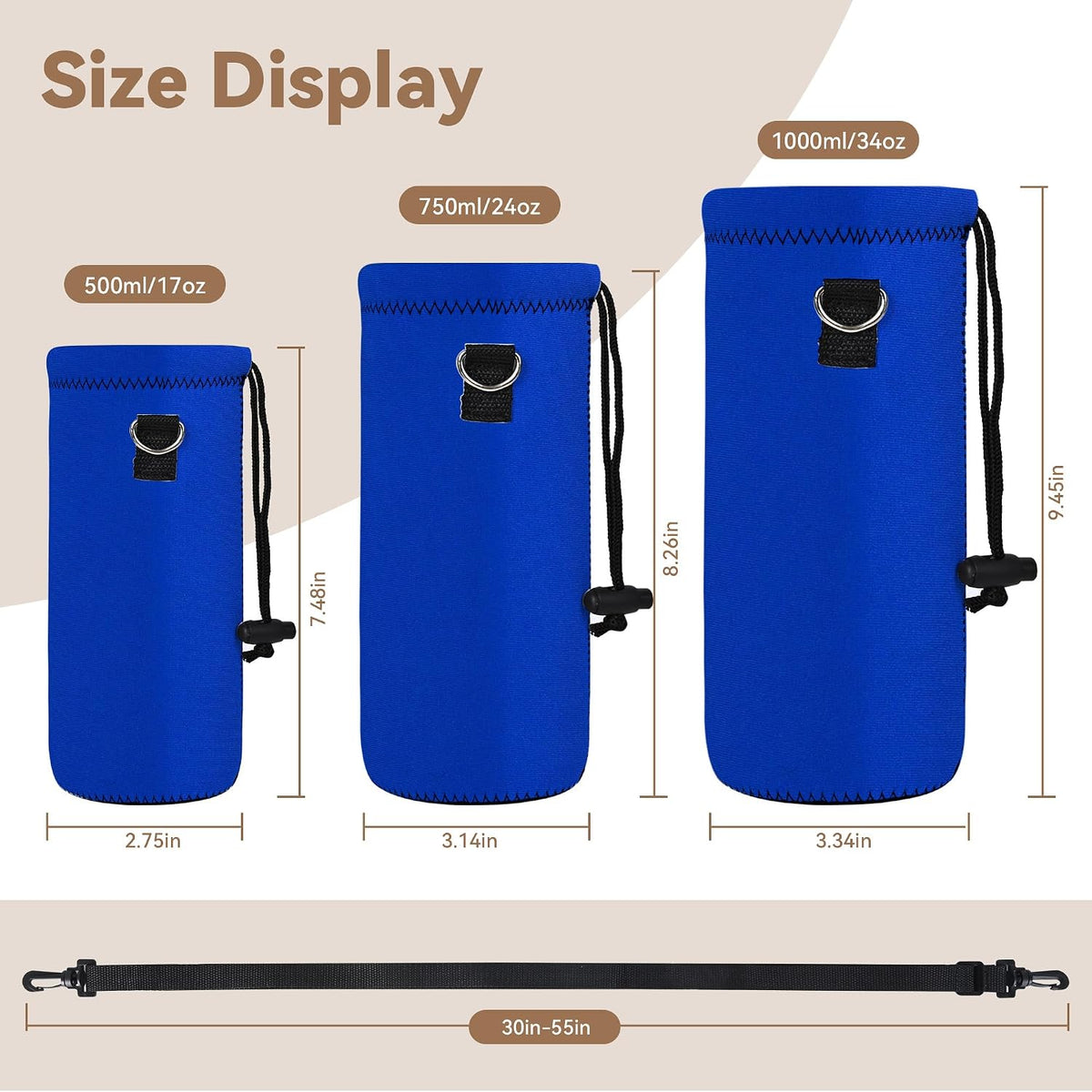 Water Bottle Sling Bag Carrier Crossbody Sleeve,Insulated Neoprene Bottle Case Holder Pouch Cover 500ML/17oz with Shoulder Strap for Walking Women Men