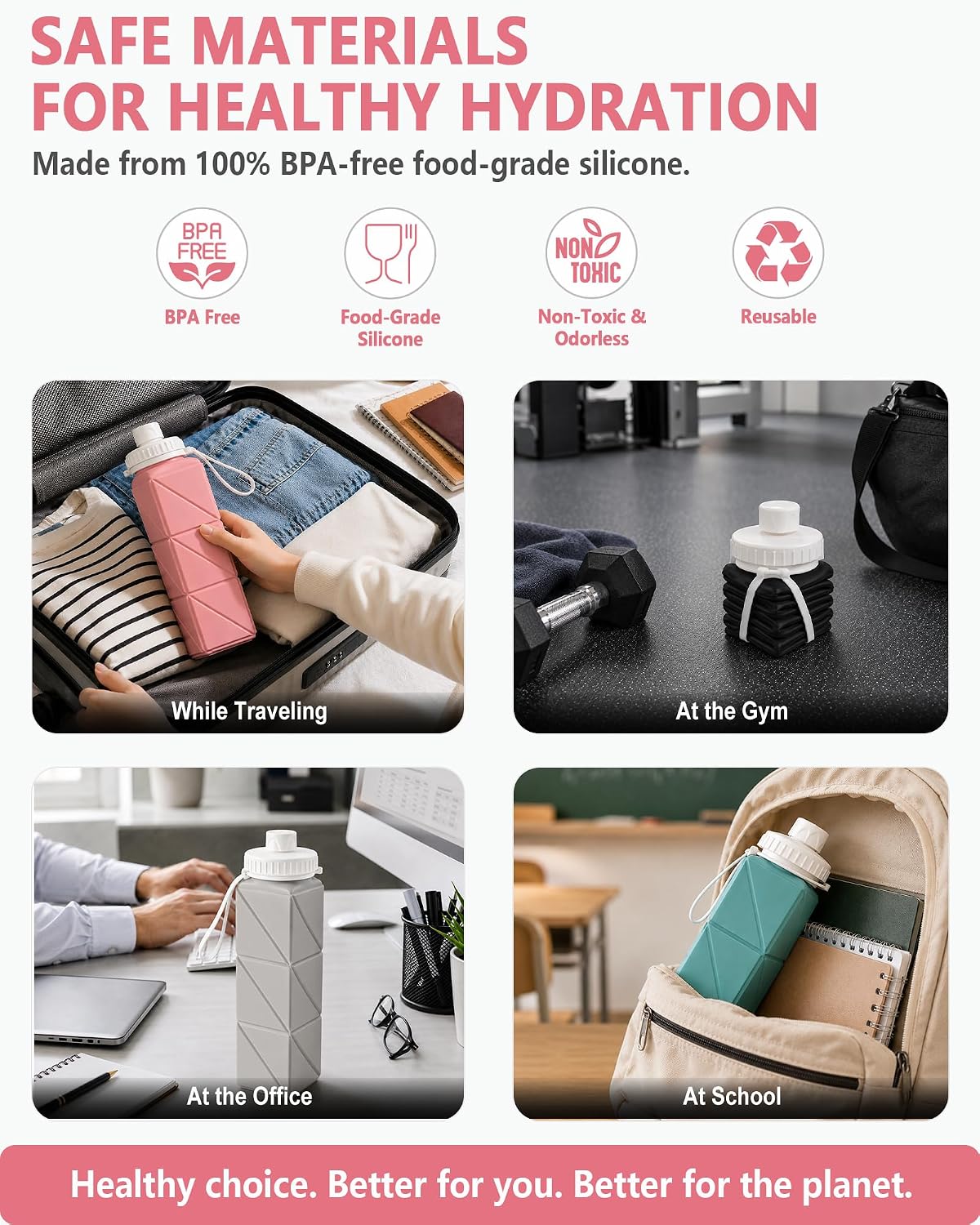 Collapsible Water Bottles 2 Pack, 21oz/610mL, Silicone Travel Water Bottle