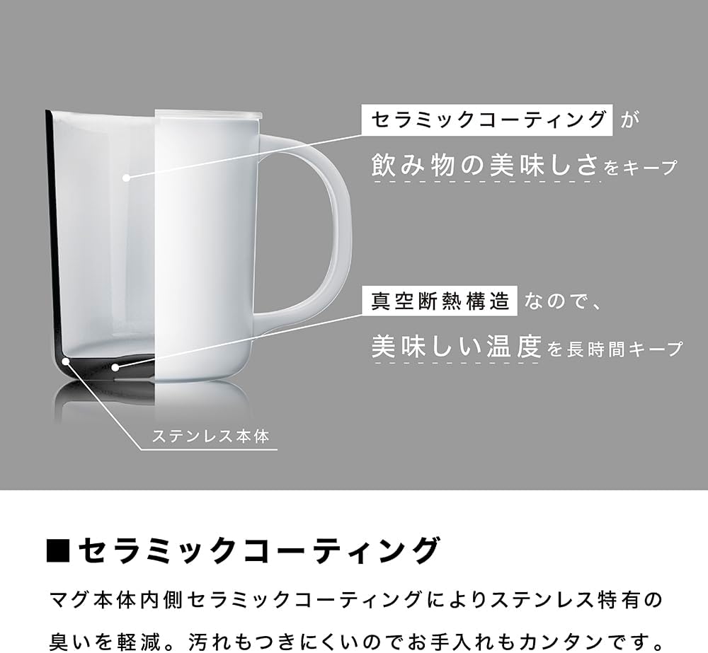 CMG-350-W Ceramic Coating Vacuum Double Insulated Mug, White, 11.8 fl oz (350 ml), Lid Included
