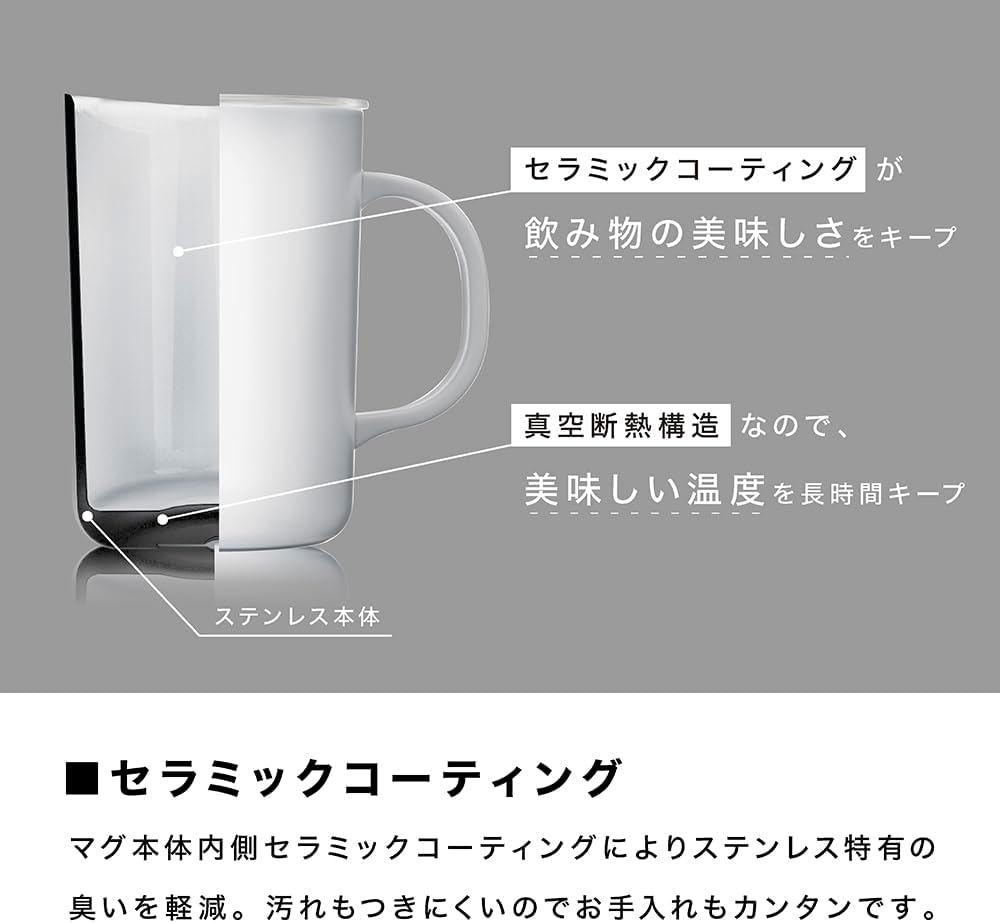 CMG-350-W Ceramic Coating Vacuum Double Insulated Mug, White, 11.8 fl oz (350 ml), Lid Included