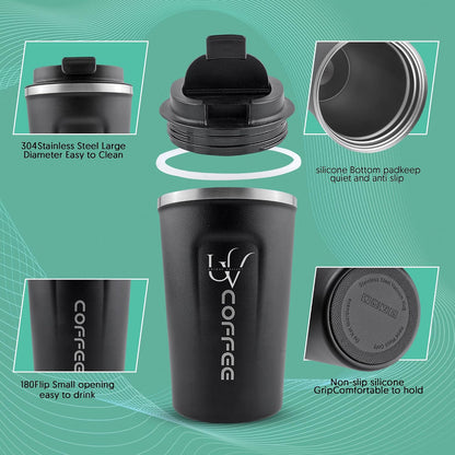 Insulated Coffee Mug with Lid, 12oz/380ml Stainless Steel Travel Coffee Tumbler – Leakproof Reusable Coffee Cup for Hot & Cold Drinks, Spill-Proof Thermal Mug for Car, Office & Travel – Black