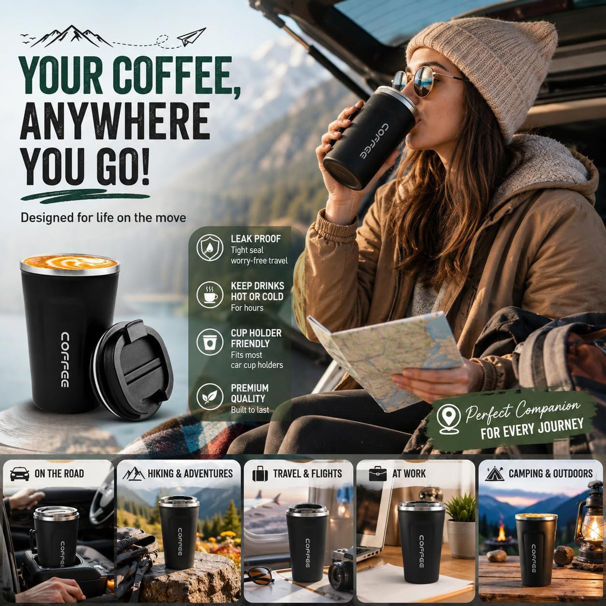 Insulated Coffee Mug with Lid, 12oz/380ml Stainless Steel Travel Coffee Tumbler – Leakproof Reusable Coffee Cup for Hot & Cold Drinks, Spill-Proof Thermal Mug for Car, Office & Travel – Black
