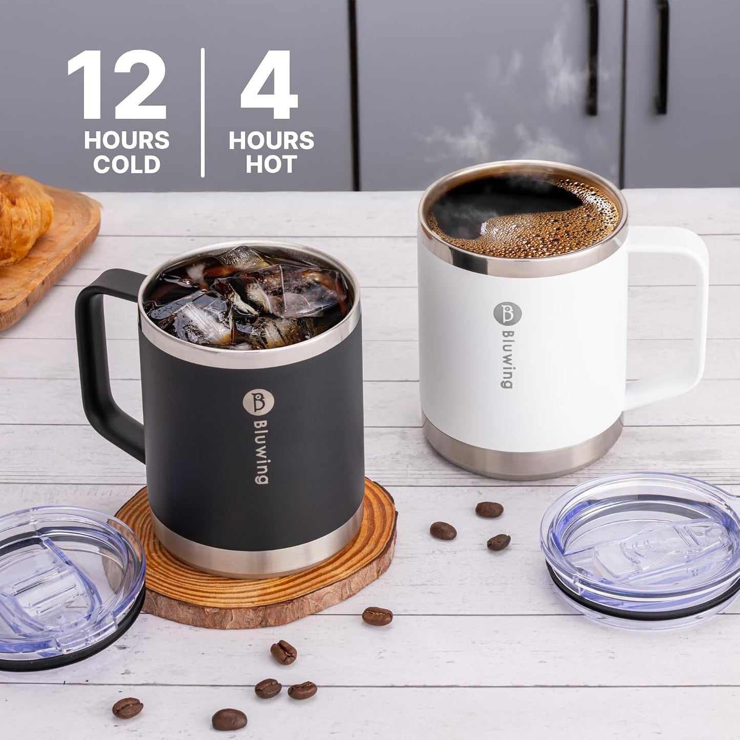 Insulated Coffee Mug with Lid, 12 oz Travel Coffee mug with handle Double Wall Stainless Steel Travel Tumbler Cup, Spill Proof (Purple)