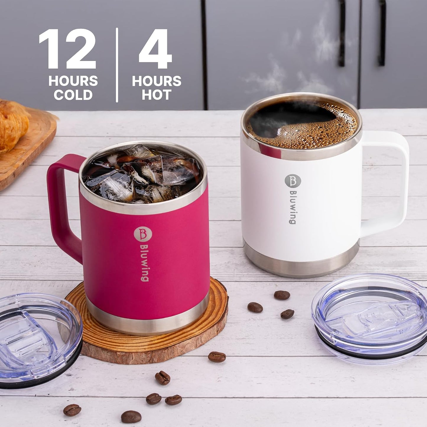Insulated Coffee Mug with Lid, 12 oz Travel Coffee mug with handle Double Wall Stainless Steel Travel Tumbler Cup, Spill Proof (Purple)
