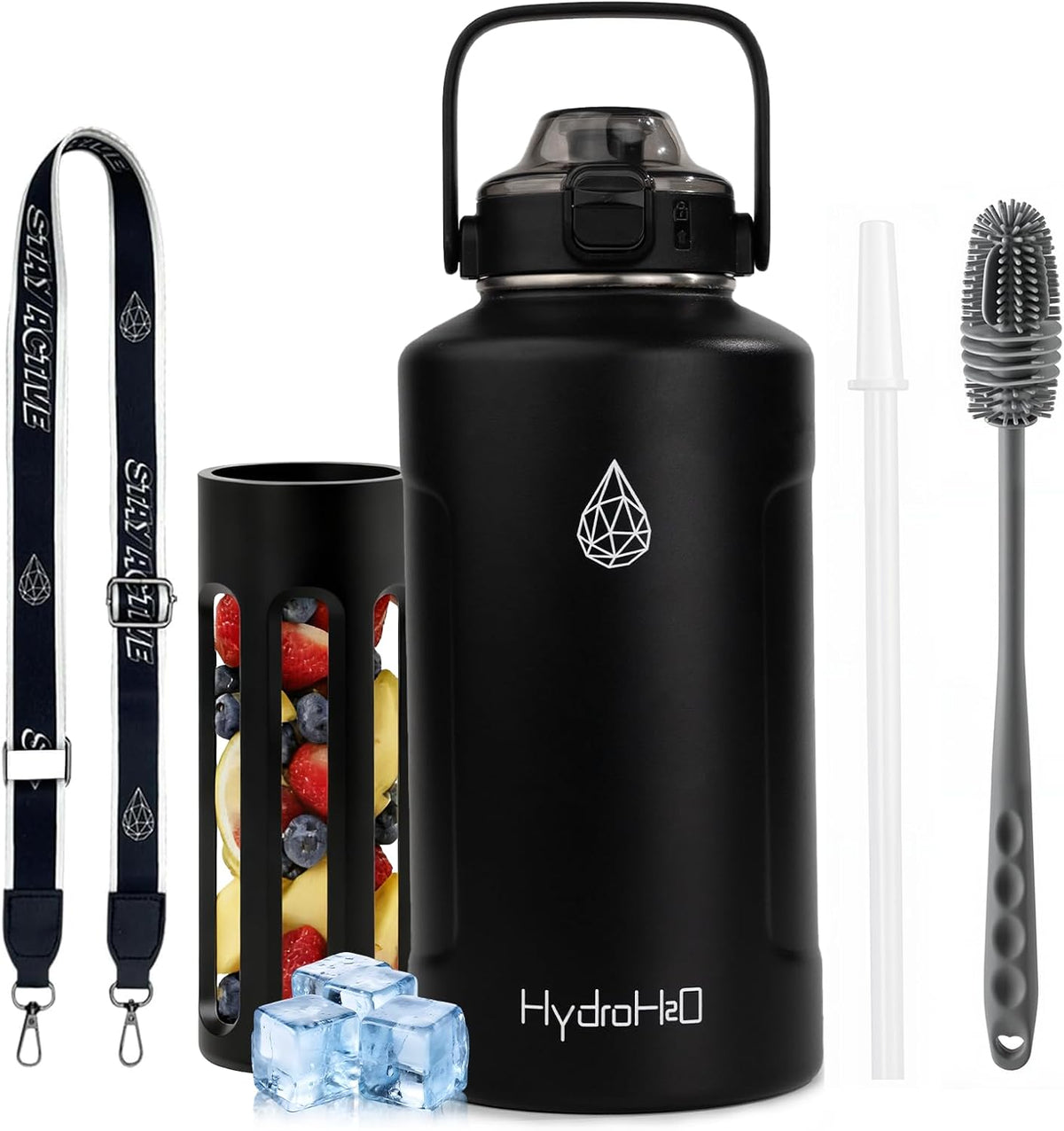 Fruit Infuser Water Bottle, 64oz Insulated Jug with Straw & Carry Strap