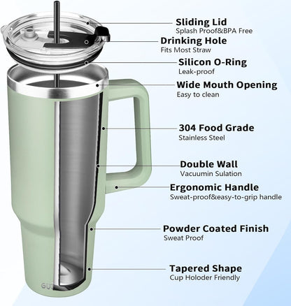 40 oz Tumbler with Handle, Insulated Tumbler with Lid and Straw, Reusable Stainless Steel Vacuum Insulated Cup, 100% Leak Proof Thermal Travel Coffee Mug Cup for Cold and Hot (Light Purple)