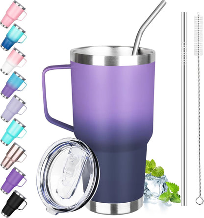 40 oz Tumbler with Handle, Insulated Tumbler with Lid and Straw, Reusable Stainless Steel Vacuum Insulated Cup, 100% Leak Proof Thermal Travel Coffee Mug Cup for Cold and Hot (Light Purple)