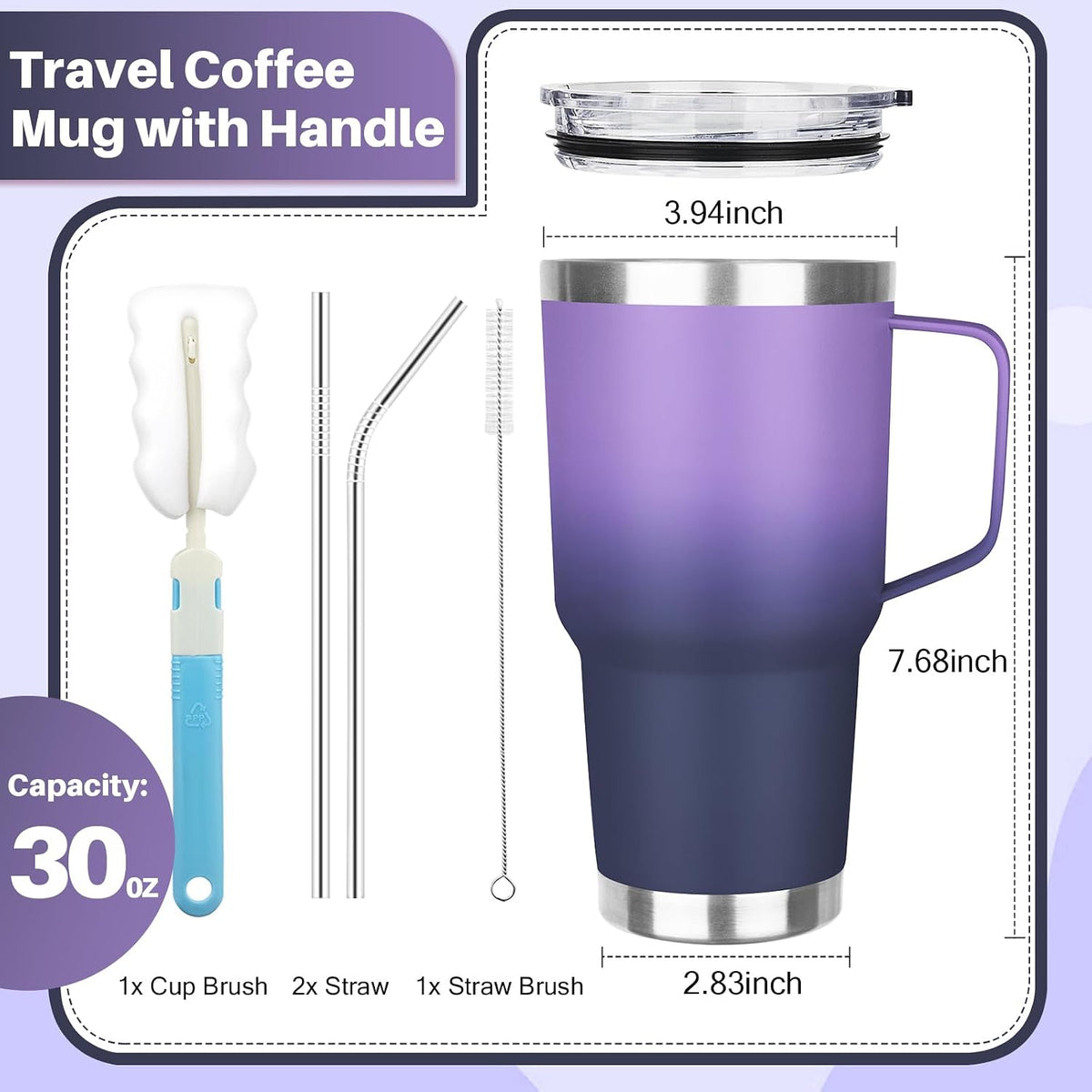 40 oz Tumbler with Handle, Insulated Tumbler with Lid and Straw, Reusable Stainless Steel Vacuum Insulated Cup, 100% Leak Proof Thermal Travel Coffee Mug Cup for Cold and Hot (Light Purple)