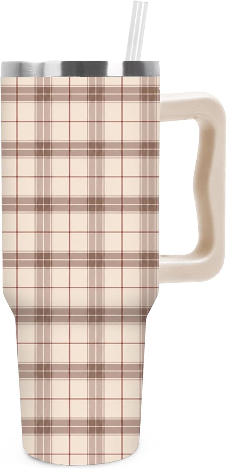 Plaid Tumbler with Handle Insulated Cup, Lid & Straw, 40 oz | Brown Beige, Checkered, Stainless Steel, Travel Mug, Fall Thanksgiving Supplies, for Car Office Home Use