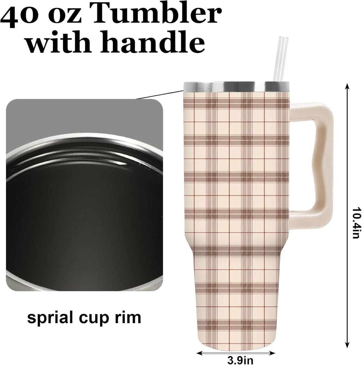 Plaid Tumbler with Handle Insulated Cup, Lid & Straw, 40 oz | Brown Beige, Checkered, Stainless Steel, Travel Mug, Fall Thanksgiving Supplies, for Car Office Home Use