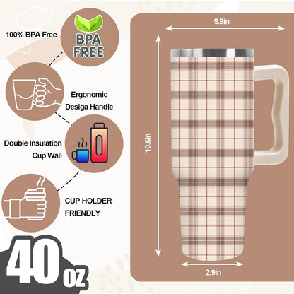 Plaid Tumbler with Handle Insulated Cup, Lid & Straw, 40 oz | Brown Beige, Checkered, Stainless Steel, Travel Mug, Fall Thanksgiving Supplies, for Car Office Home Use