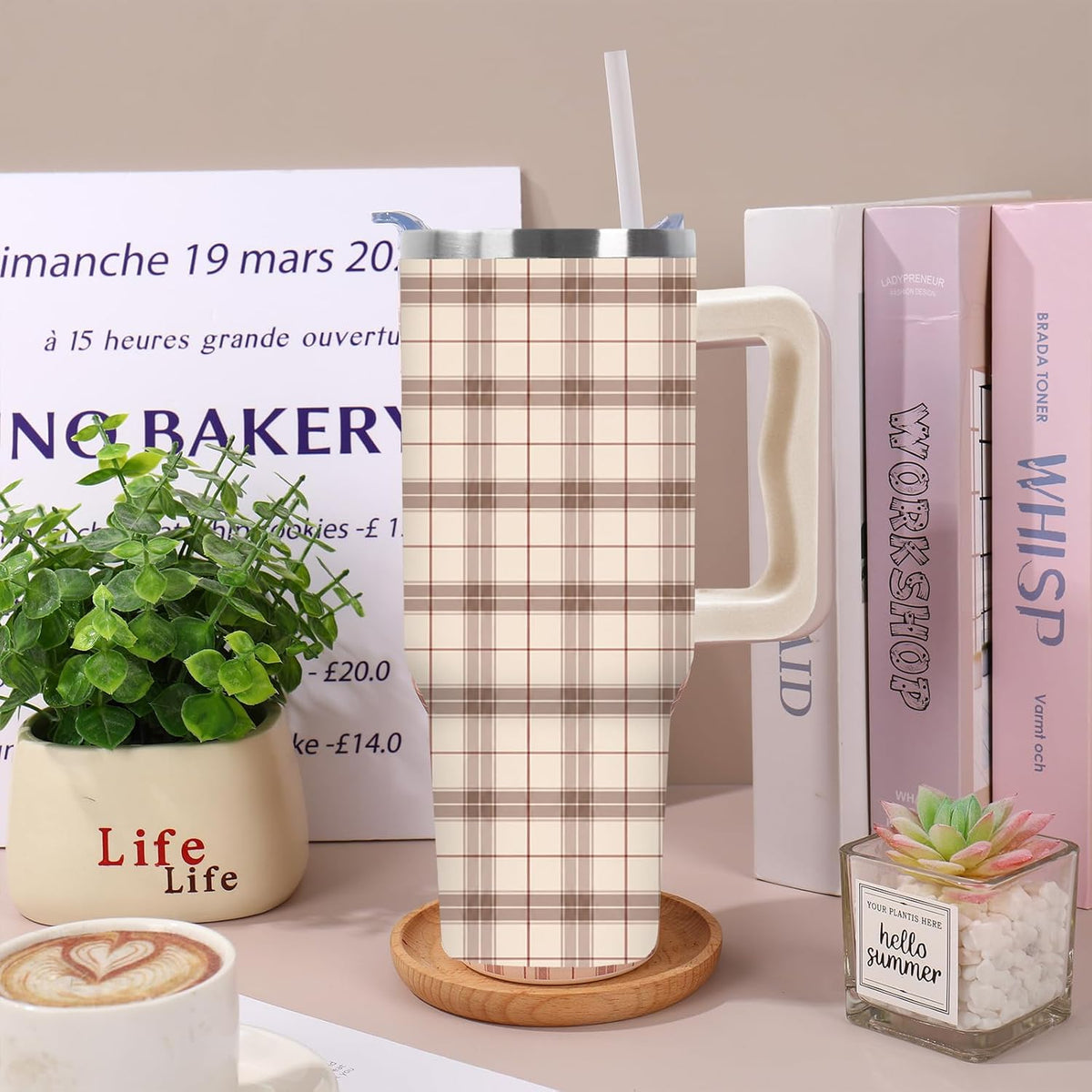 Plaid Tumbler with Handle Insulated Cup, Lid & Straw, 40 oz | Brown Beige, Checkered, Stainless Steel, Travel Mug, Fall Thanksgiving Supplies, for Car Office Home Use