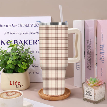 Plaid Tumbler with Handle Insulated Cup, Lid & Straw, 40 oz | Brown Beige, Checkered, Stainless Steel, Travel Mug, Fall Thanksgiving Supplies, for Car Office Home Use
