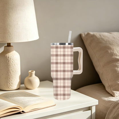 Plaid Tumbler with Handle Insulated Cup, Lid & Straw, 40 oz | Brown Beige, Checkered, Stainless Steel, Travel Mug, Fall Thanksgiving Supplies, for Car Office Home Use