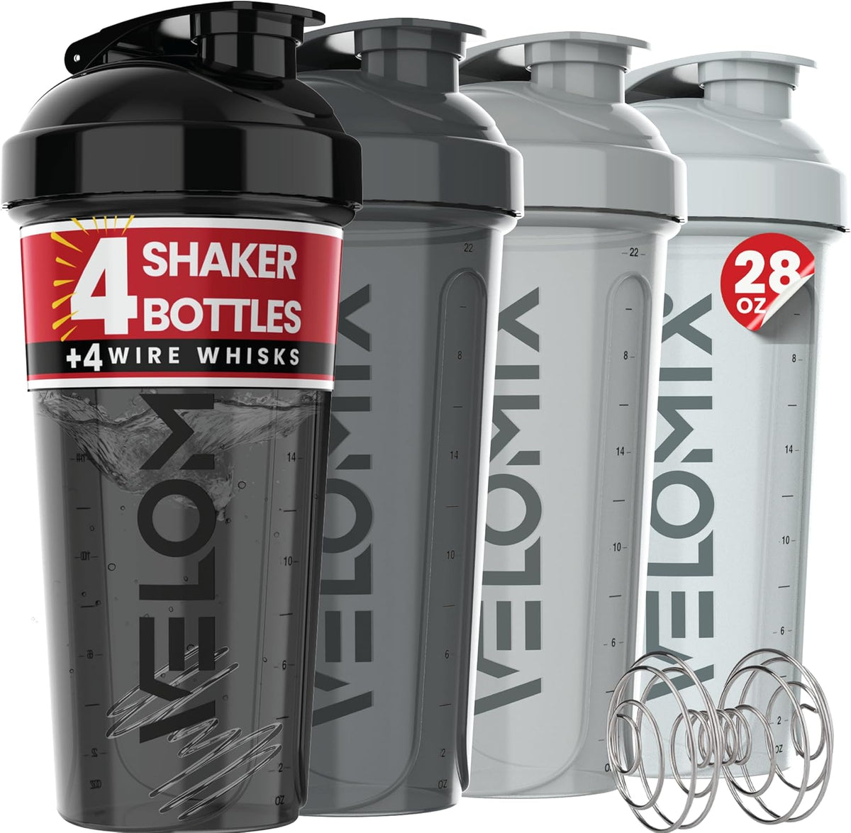 4 Pack 28oz Protein Shaker Bottle for Protein Mixes, Silver Aurora