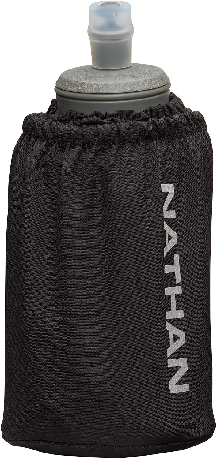 Nathan Handheld Soft Flask 18oz - Exo-Draw Insulated Collapsible Bottle - Grip-Free Strap & Rigid ExoSpine for Comfort/Support - Breathable Mesh Strap - Ideal Running/Hiking, Pinnacle, Black