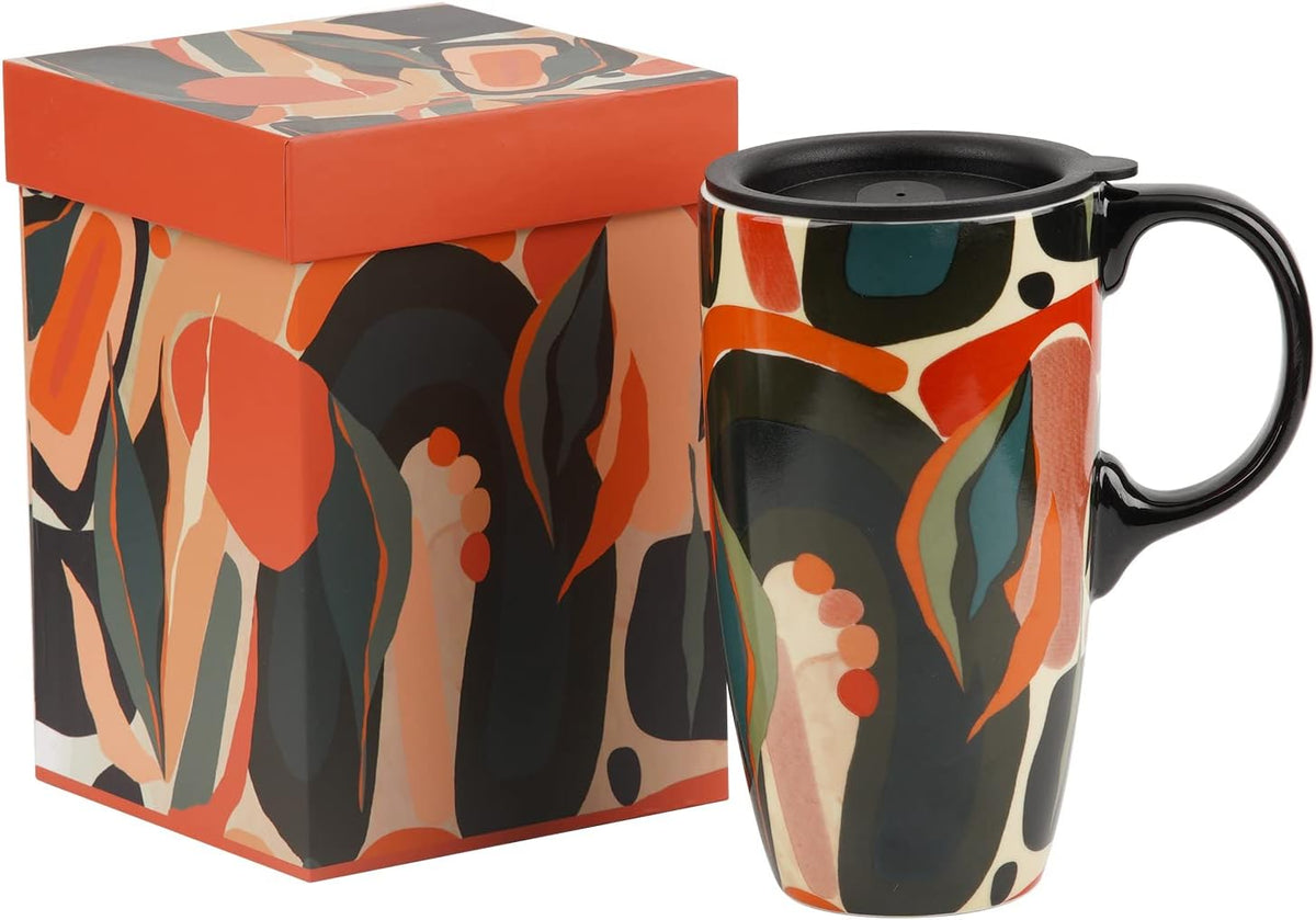 17oz Butterfly Ceramic Travel Coffee Mug with Lid & Matching Gift Box | Microwave & Dishwasher Safe, Cup Holder Friendly, Commute Office Home Use, Large Latte Cocoa Tea Cup, Ergonomic Handle
