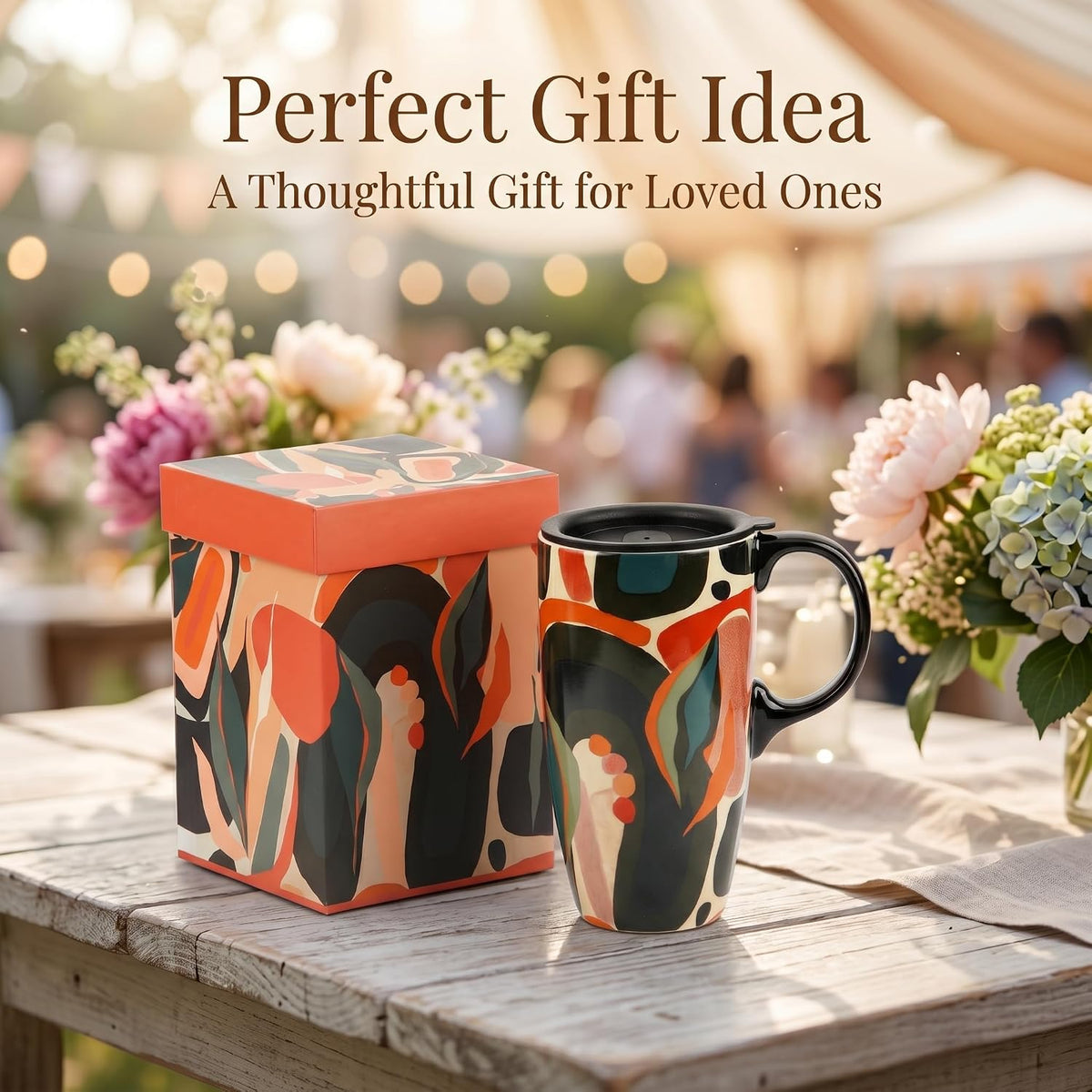 17oz Butterfly Ceramic Travel Coffee Mug with Lid & Matching Gift Box | Microwave & Dishwasher Safe, Cup Holder Friendly, Commute Office Home Use, Large Latte Cocoa Tea Cup, Ergonomic Handle