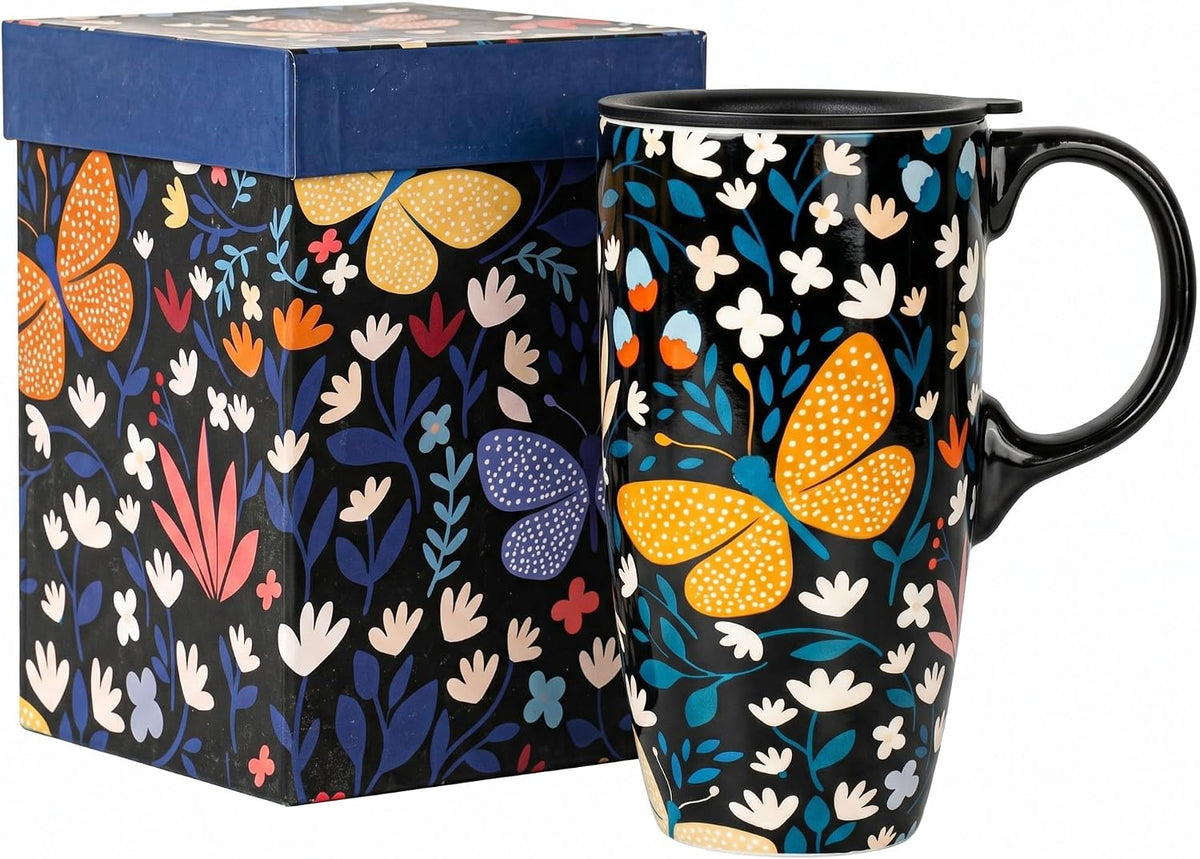 17oz Butterfly Ceramic Travel Coffee Mug with Lid & Matching Gift Box | Microwave & Dishwasher Safe, Cup Holder Friendly, Commute Office Home Use, Large Latte Cocoa Tea Cup, Ergonomic Handle