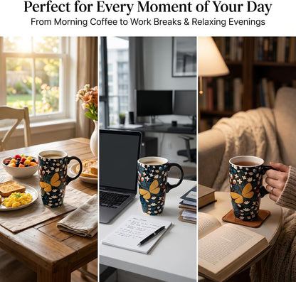 17oz Butterfly Ceramic Travel Coffee Mug with Lid & Matching Gift Box | Microwave & Dishwasher Safe, Cup Holder Friendly, Commute Office Home Use, Large Latte Cocoa Tea Cup, Ergonomic Handle