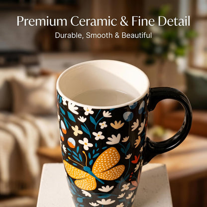 17oz Butterfly Ceramic Travel Coffee Mug with Lid & Matching Gift Box | Microwave & Dishwasher Safe, Cup Holder Friendly, Commute Office Home Use, Large Latte Cocoa Tea Cup, Ergonomic Handle