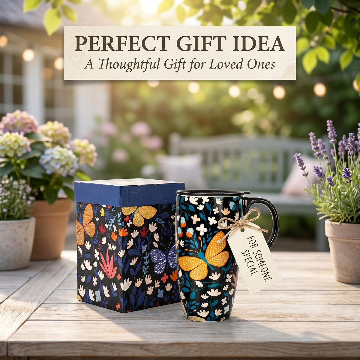 17oz Butterfly Ceramic Travel Coffee Mug with Lid & Matching Gift Box | Microwave & Dishwasher Safe, Cup Holder Friendly, Commute Office Home Use, Large Latte Cocoa Tea Cup, Ergonomic Handle