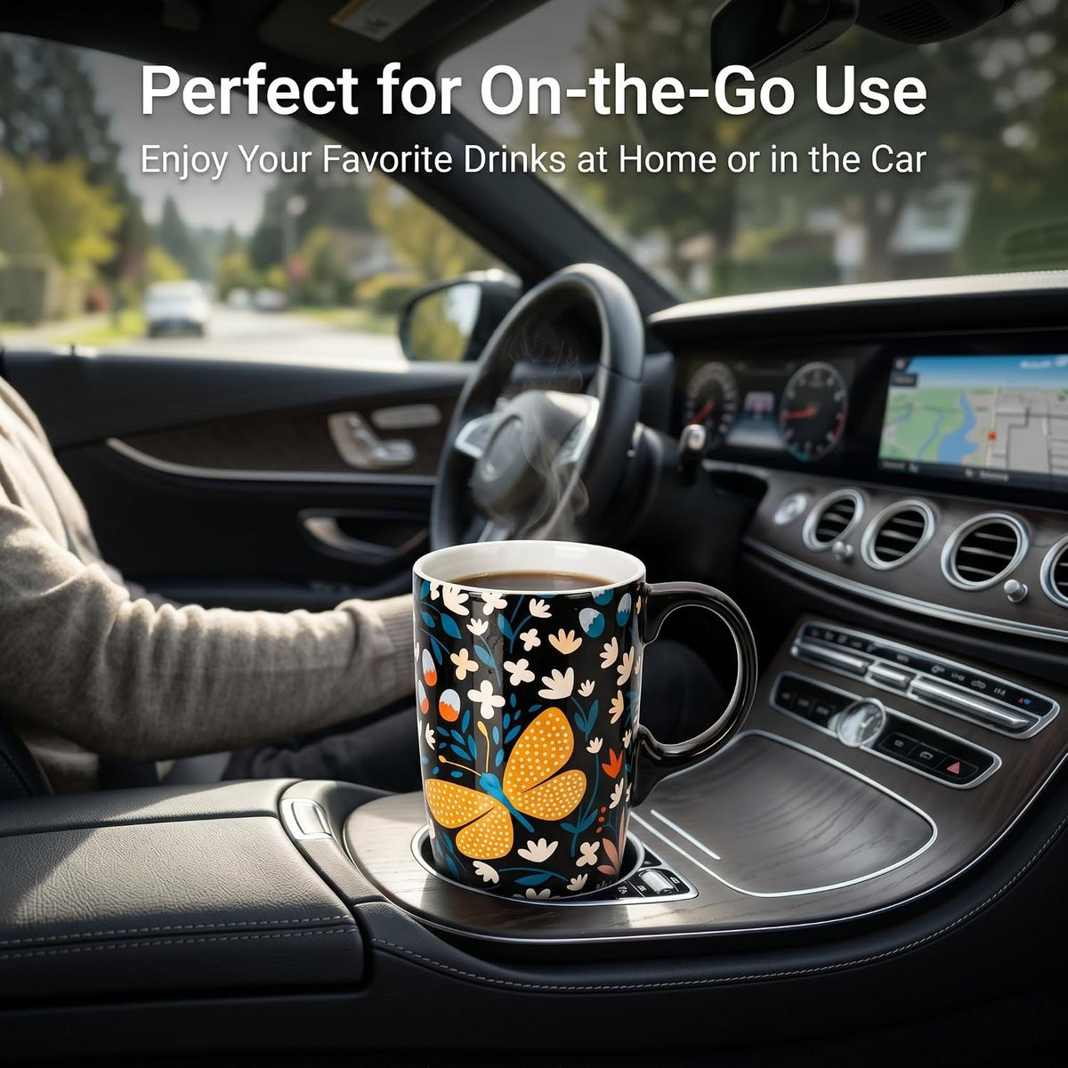 17oz Butterfly Ceramic Travel Coffee Mug with Lid & Matching Gift Box | Microwave & Dishwasher Safe, Cup Holder Friendly, Commute Office Home Use, Large Latte Cocoa Tea Cup, Ergonomic Handle