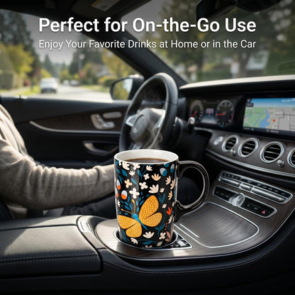 17oz Butterfly Ceramic Travel Coffee Mug with Lid & Matching Gift Box | Microwave & Dishwasher Safe, Cup Holder Friendly, Commute Office Home Use, Large Latte Cocoa Tea Cup, Ergonomic Handle