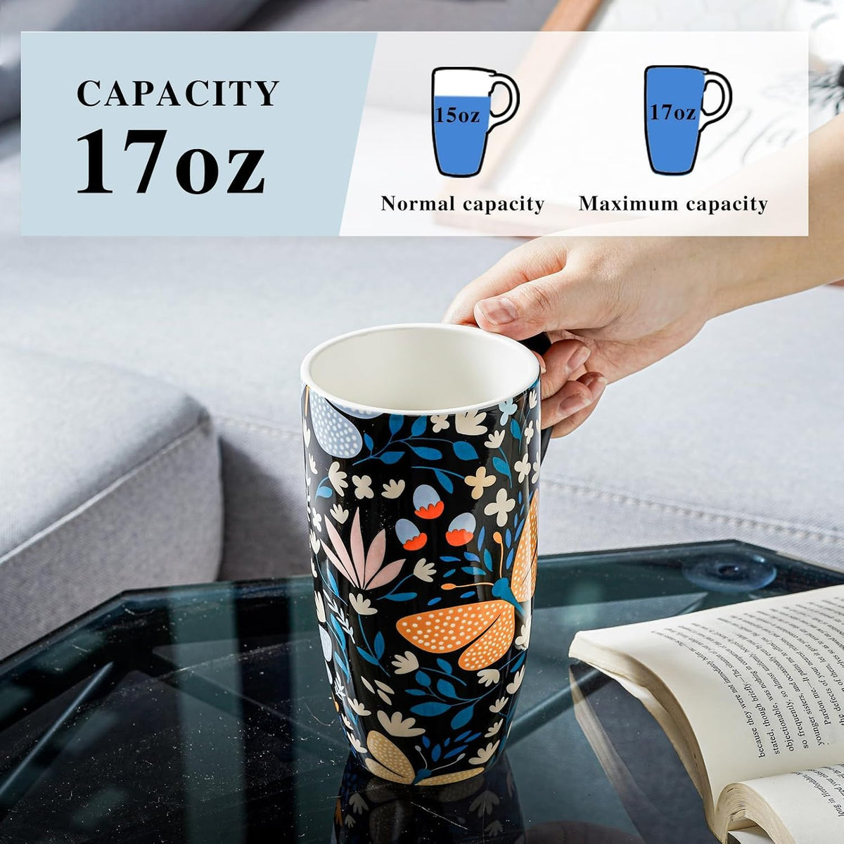 17oz Butterfly Ceramic Travel Coffee Mug with Lid & Matching Gift Box | Microwave & Dishwasher Safe, Cup Holder Friendly, Commute Office Home Use, Large Latte Cocoa Tea Cup, Ergonomic Handle
