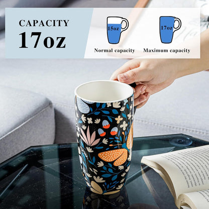17oz Butterfly Ceramic Travel Coffee Mug with Lid & Matching Gift Box | Microwave & Dishwasher Safe, Cup Holder Friendly, Commute Office Home Use, Large Latte Cocoa Tea Cup, Ergonomic Handle