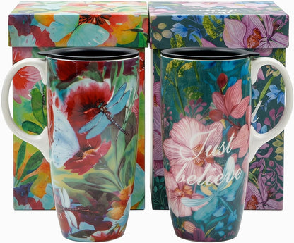 17oz Butterfly Ceramic Travel Coffee Mug with Lid & Matching Gift Box | Microwave & Dishwasher Safe, Cup Holder Friendly, Commute Office Home Use, Large Latte Cocoa Tea Cup, Ergonomic Handle