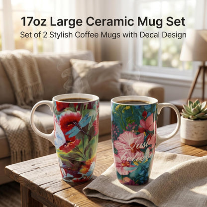 17oz Butterfly Ceramic Travel Coffee Mug with Lid & Matching Gift Box | Microwave & Dishwasher Safe, Cup Holder Friendly, Commute Office Home Use, Large Latte Cocoa Tea Cup, Ergonomic Handle