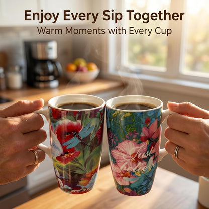 17oz Butterfly Ceramic Travel Coffee Mug with Lid & Matching Gift Box | Microwave & Dishwasher Safe, Cup Holder Friendly, Commute Office Home Use, Large Latte Cocoa Tea Cup, Ergonomic Handle