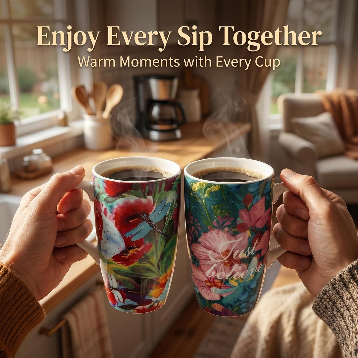 17oz Butterfly Ceramic Travel Coffee Mug with Lid & Matching Gift Box | Microwave & Dishwasher Safe, Cup Holder Friendly, Commute Office Home Use, Large Latte Cocoa Tea Cup, Ergonomic Handle