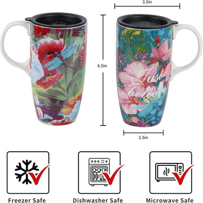 17oz Butterfly Ceramic Travel Coffee Mug with Lid & Matching Gift Box | Microwave & Dishwasher Safe, Cup Holder Friendly, Commute Office Home Use, Large Latte Cocoa Tea Cup, Ergonomic Handle