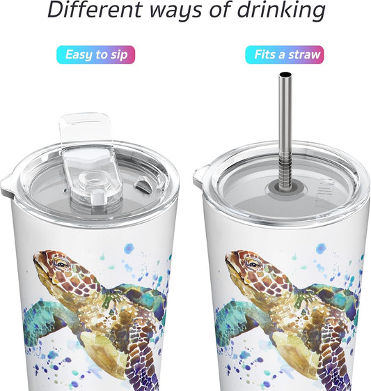 Stainless Steel Vacuum Insulated Tumbler Travel Mug 26 oz Coffee Cup with 2 Lids and Straws, Splash Proof, Keep Ice Drinks Cold, Sea Turtle