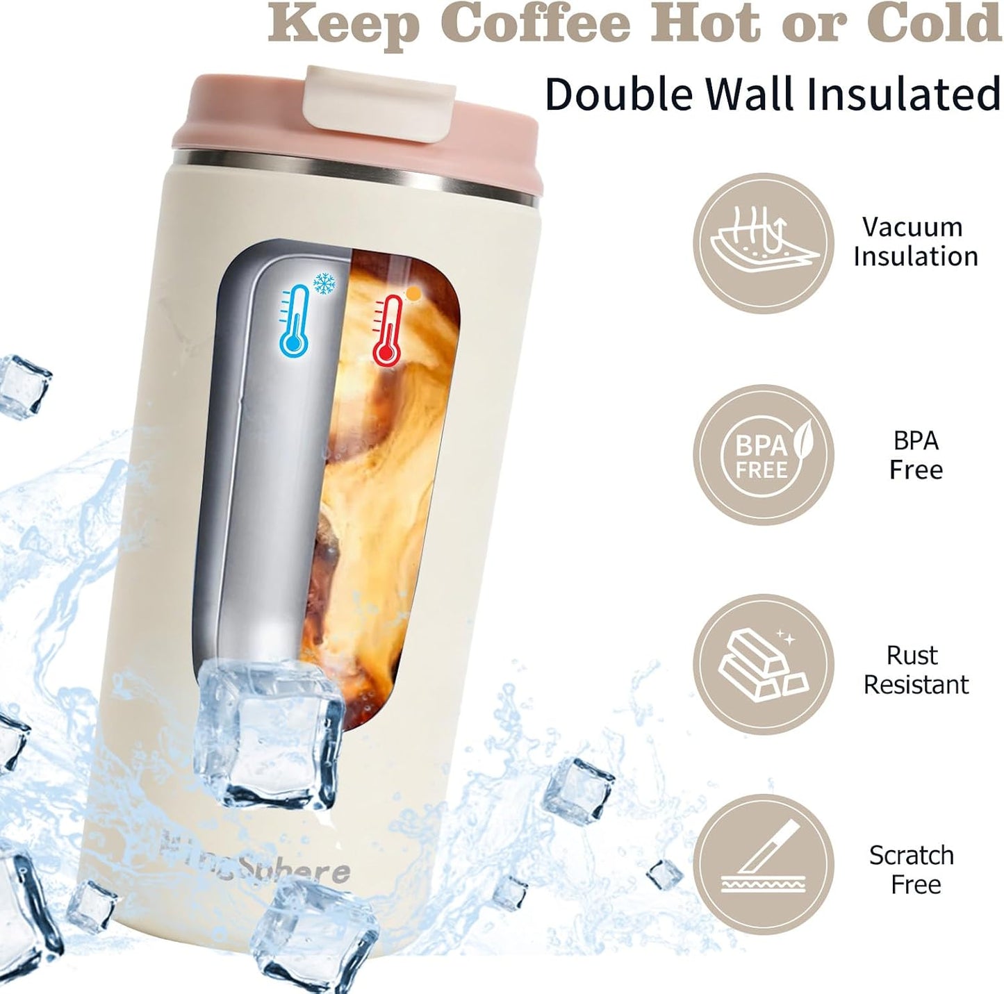 16oz Insulated Stainless Steel Coffee Cup with Flip Lid,Beige | Travel Coffee Mug Leak Resistant Lid Wide Mouth Keeps Drinks Hot or Cold, Easy Cleaning