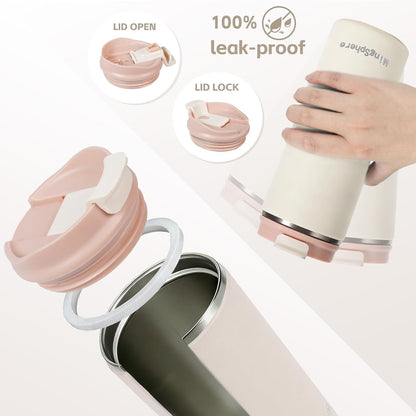 16oz Insulated Stainless Steel Coffee Cup with Flip Lid,Beige | Travel Coffee Mug Leak Resistant Lid Wide Mouth Keeps Drinks Hot or Cold, Easy Cleaning