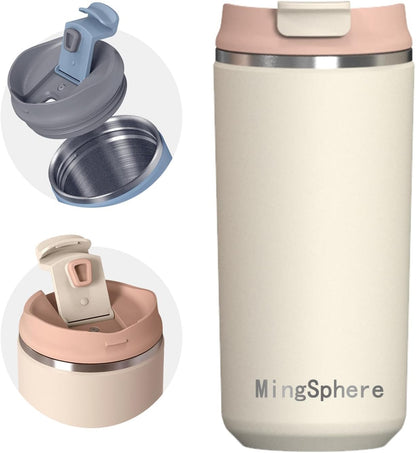 16oz Insulated Stainless Steel Coffee Cup with Flip Lid,Beige | Travel Coffee Mug Leak Resistant Lid Wide Mouth Keeps Drinks Hot or Cold, Easy Cleaning