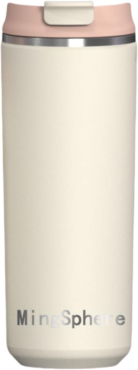 16oz Insulated Stainless Steel Coffee Cup with Flip Lid,Beige | Travel Coffee Mug Leak Resistant Lid Wide Mouth Keeps Drinks Hot or Cold, Easy Cleaning