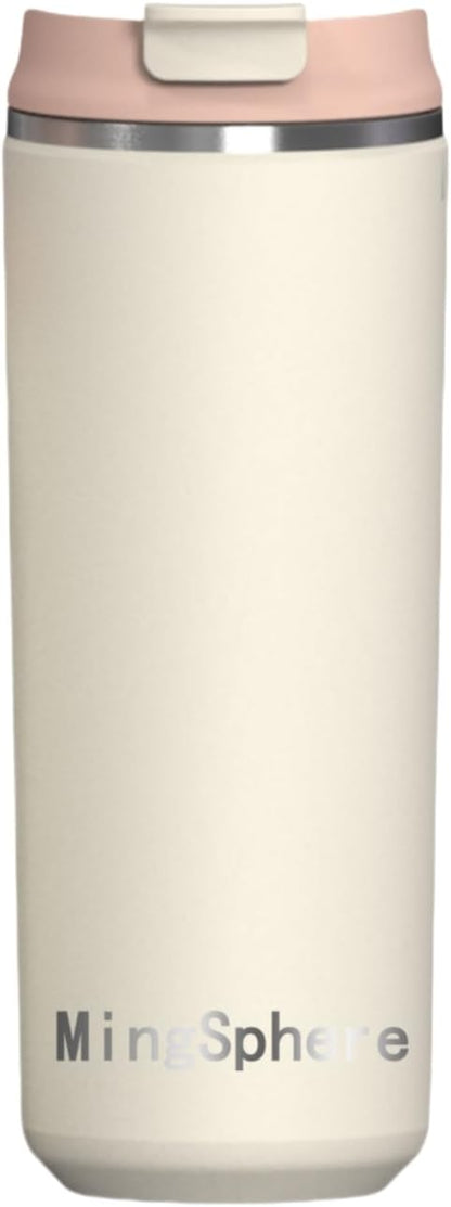 16oz Insulated Stainless Steel Coffee Cup with Flip Lid,Beige | Travel Coffee Mug Leak Resistant Lid Wide Mouth Keeps Drinks Hot or Cold, Easy Cleaning