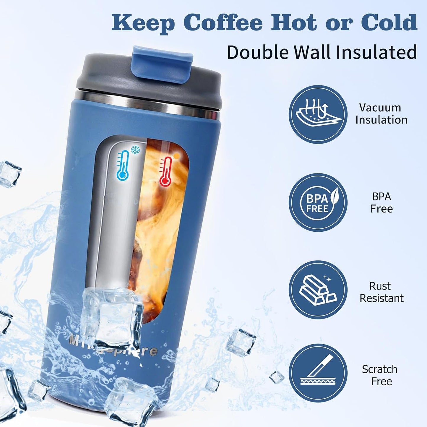 16oz Insulated Stainless Steel Coffee Cup with Flip Lid,Beige | Travel Coffee Mug Leak Resistant Lid Wide Mouth Keeps Drinks Hot or Cold, Easy Cleaning