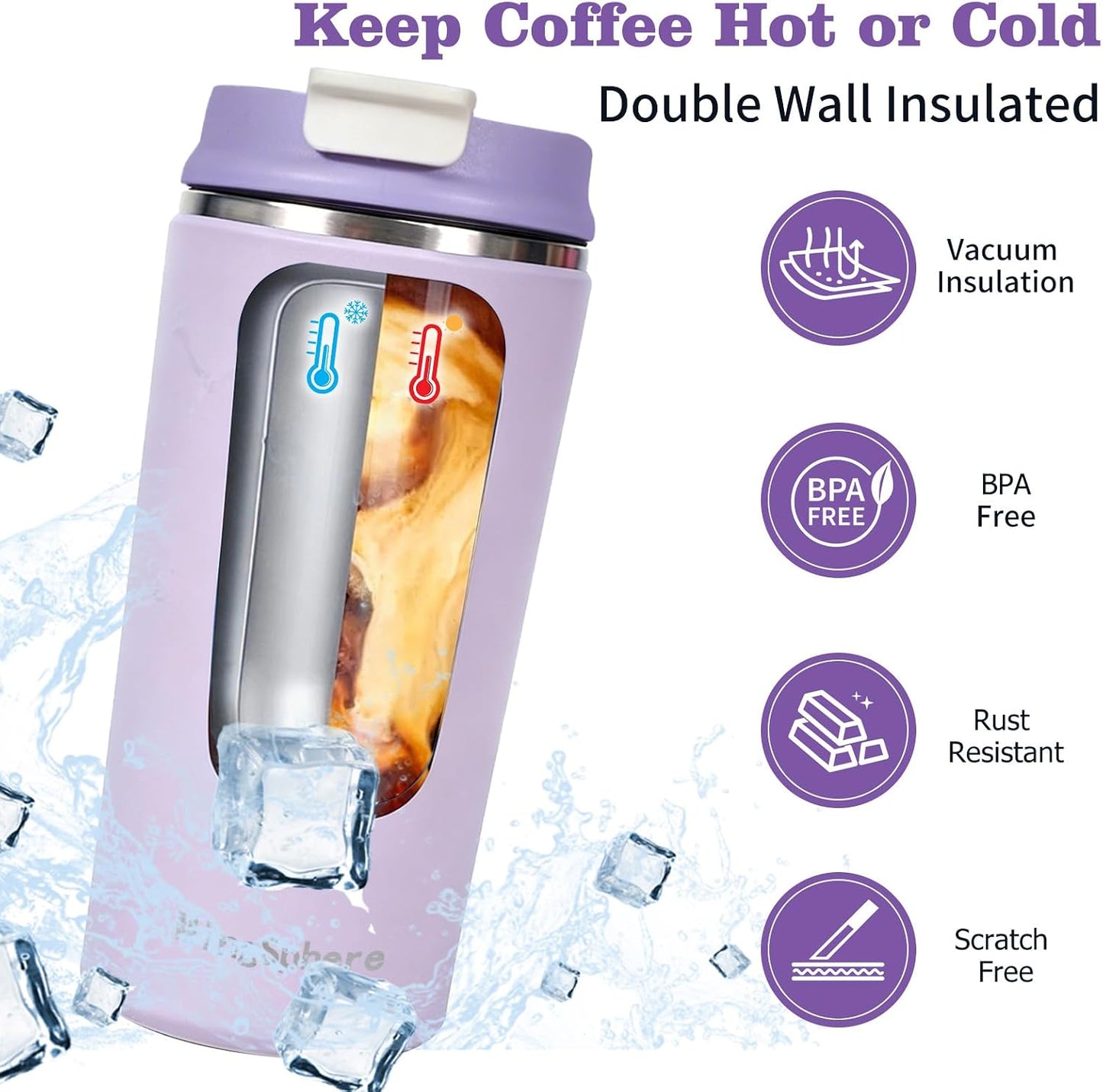 16oz Insulated Stainless Steel Coffee Cup with Flip Lid,Beige | Travel Coffee Mug Leak Resistant Lid Wide Mouth Keeps Drinks Hot or Cold, Easy Cleaning