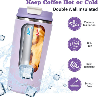 16oz Insulated Stainless Steel Coffee Cup with Flip Lid,Beige | Travel Coffee Mug Leak Resistant Lid Wide Mouth Keeps Drinks Hot or Cold, Easy Cleaning