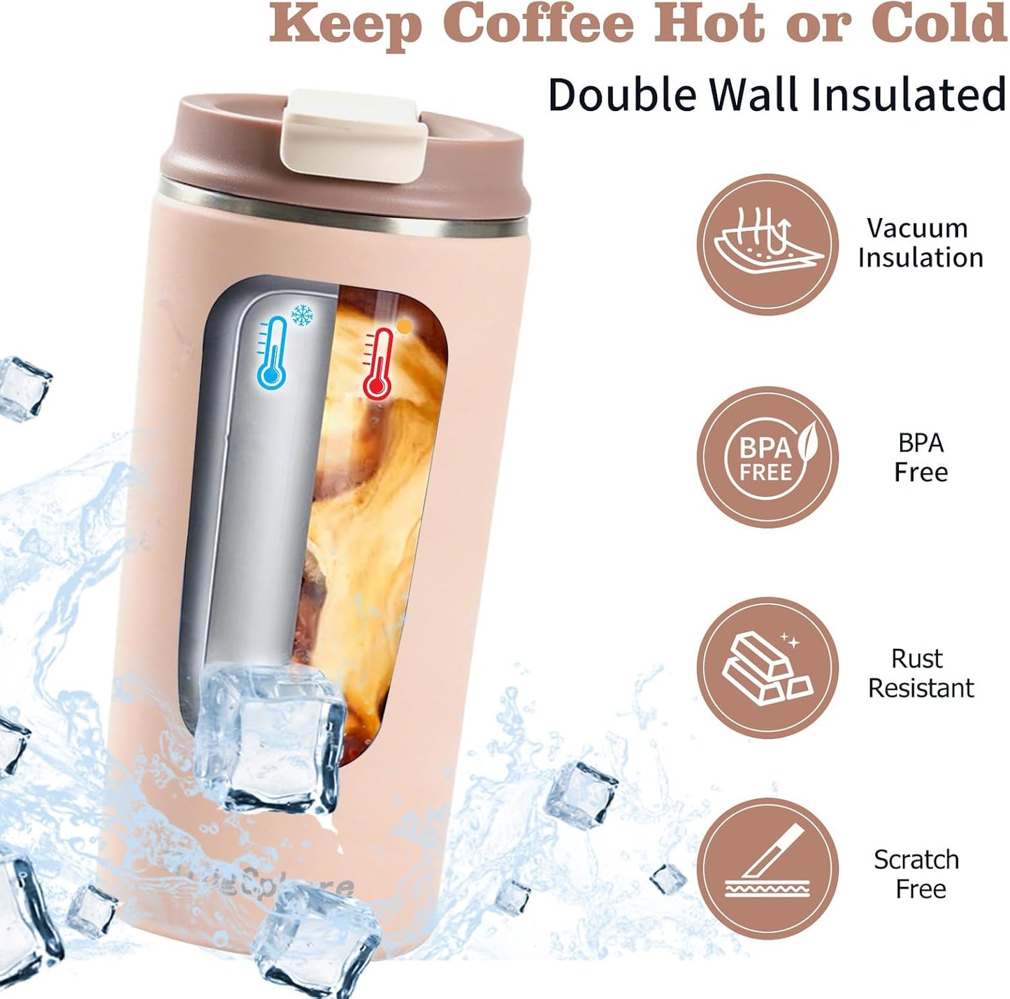 16oz Insulated Stainless Steel Coffee Cup with Flip Lid,Beige | Travel Coffee Mug Leak Resistant Lid Wide Mouth Keeps Drinks Hot or Cold, Easy Cleaning