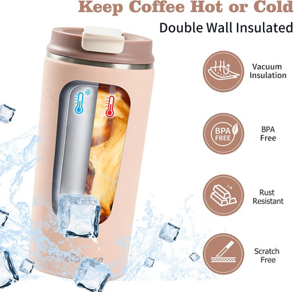 16oz Insulated Stainless Steel Coffee Cup with Flip Lid,Beige | Travel Coffee Mug Leak Resistant Lid Wide Mouth Keeps Drinks Hot or Cold, Easy Cleaning