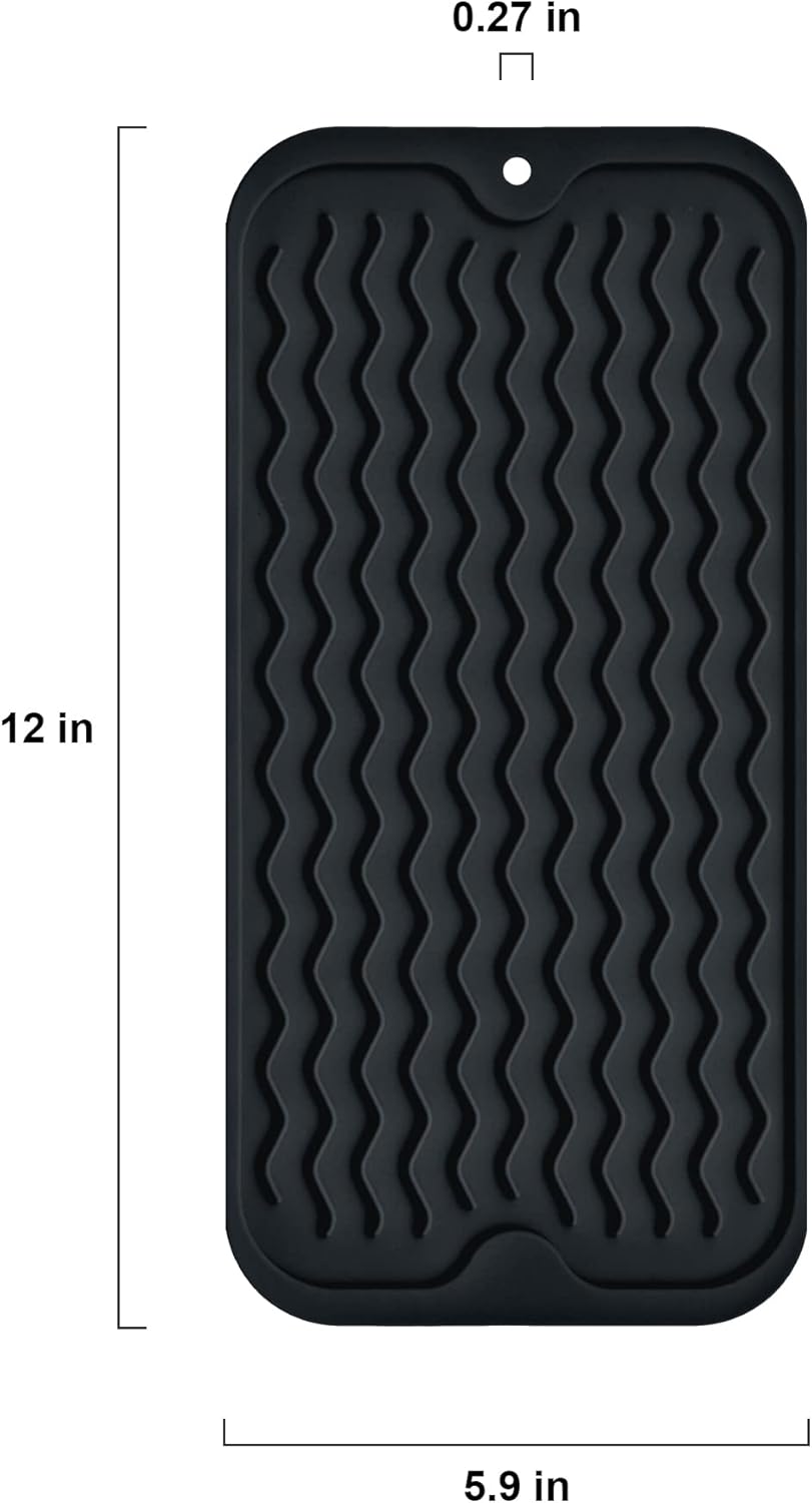 Silicone Dish Drying Mat, Non-Slip Easy Clean Sink Mat, Black, 12" x 6"