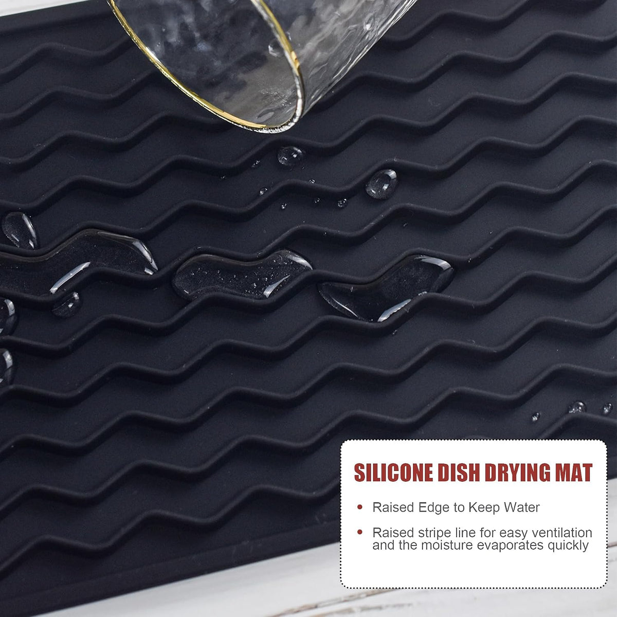 Silicone Dish Drying Mat, Non-Slip Easy Clean Sink Mat, Black, 12" x 6"